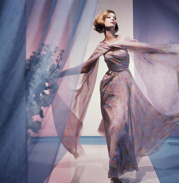 Studio Shot Art Print featuring the photograph Model Wearing Floral Dress by Horst P. Horst