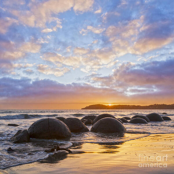 Beautiful Art Print featuring the photograph Moeraki Boulders Otago New Zealand Sunrise by Colin and Linda McKie
