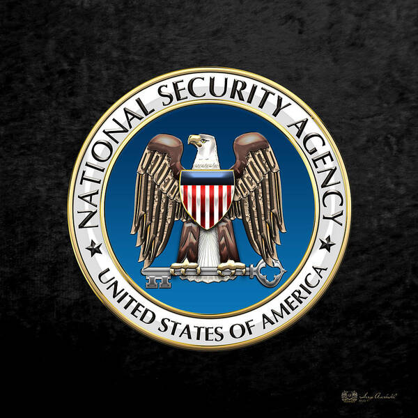 'military Insignia & Heraldry 3d' Collection By Serge Averbukh Art Print featuring the digital art National Security Agency - N S A Emblem on Black Velvet by Serge Averbukh
