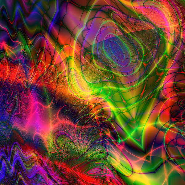 Psychedelic Art Print featuring the digital art Neon Filigree by Kiki Art