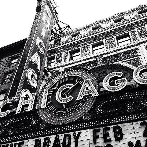 America Art Print featuring the photograph Chicago Theatre Sign Black and White Photo by Paul Velgos