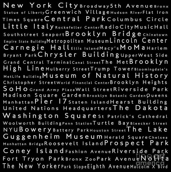 City Art Print featuring the digital art New York City in Words Black by Sabine Jacobs