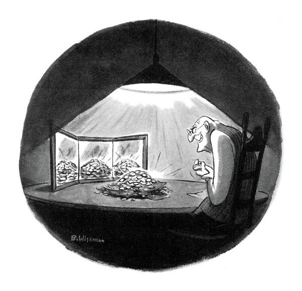 92174 Bwi Bernie Wiseman (miser Is Gloating Over His Heap Of Money. He Has A Three Paneled Mirror In Back Of It Art Print featuring the drawing New Yorker January 28th, 1956 by Bernie Wiseman