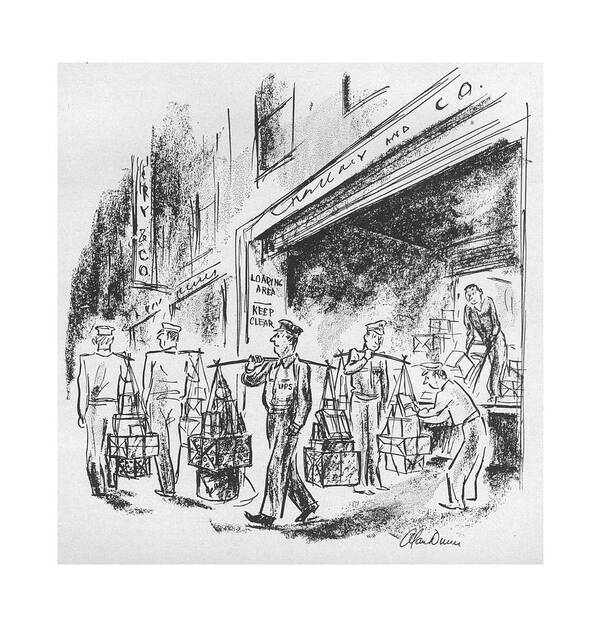 112839 Adu Alan Dunn Delivery Men Carry All Their Packages Away From Loading Dock. All Away Carry Conservation Conserve Conserving Deliver Delivery Dock Effort Front Gas Gasoline Home Loading Mail Men Package Packages Ration Rationing Shortage Their Ups War Wartime World Art Print featuring the drawing New Yorker September 4th, 1943 by Alan Dunn