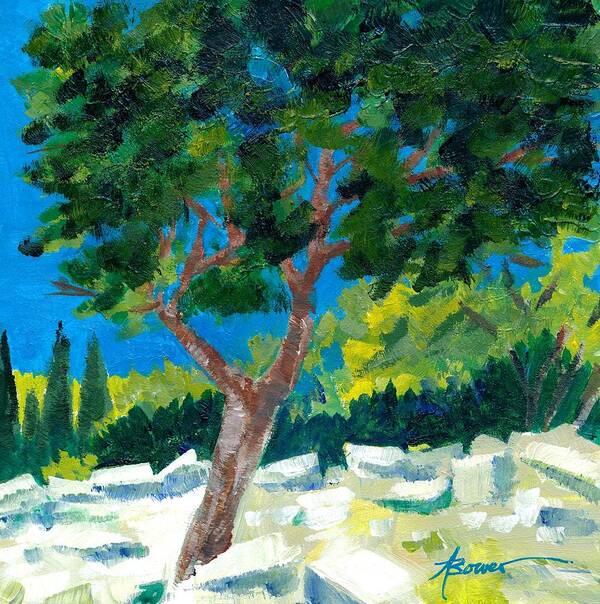 Trees Art Print featuring the painting Old Ruins at Rhodes by Adele Bower