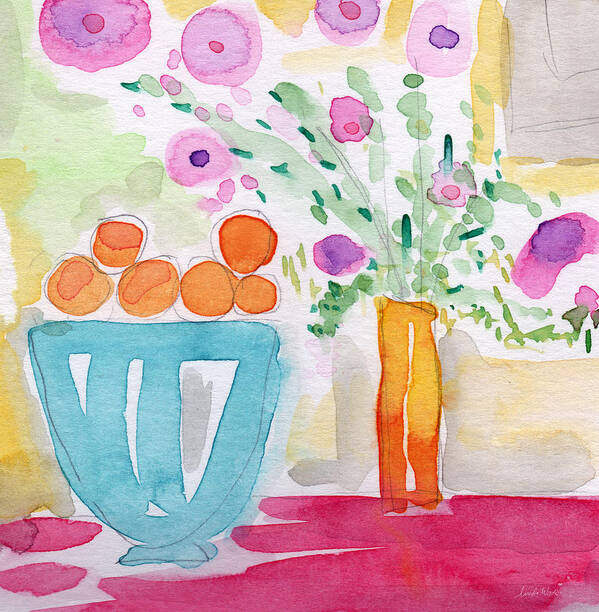 Oranges Art Print featuring the painting Oranges in Blue Bowl- watercolor painting by Linda Woods