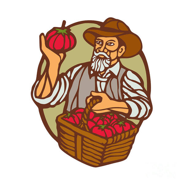 Farmer Art Print featuring the digital art Organic Farmer Tomato Basket Woodcut Linocut by Aloysius Patrimonio