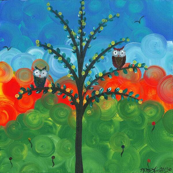 Owls Art Print featuring the painting Owl Couples - 01 by MiMi Stirn