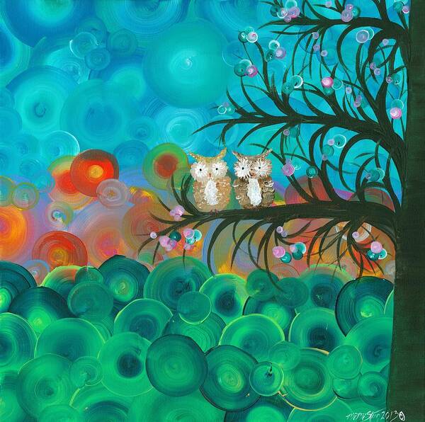 Owls Art Print featuring the painting Owl Couples - 02 by MiMi Stirn