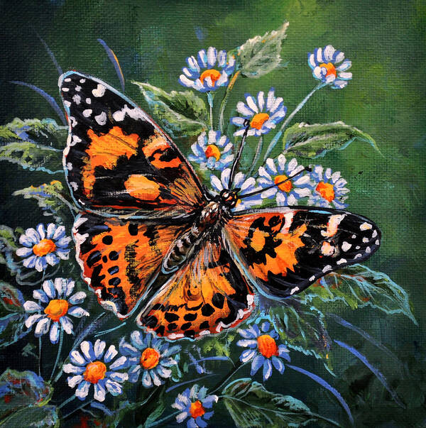 Nature Butterfly Painted Lady Wings Daisy Flower Art Print featuring the painting Painted Lady by Gail Butler