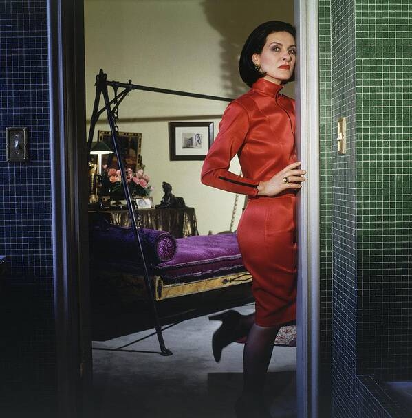 Indoors Art Print featuring the photograph Paloma Picasso Wearing A Red Dress by Horst P. Horst
