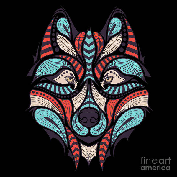 Cunning Art Print featuring the digital art Patterned Colored Head Of The Wolf by Sunny Whale