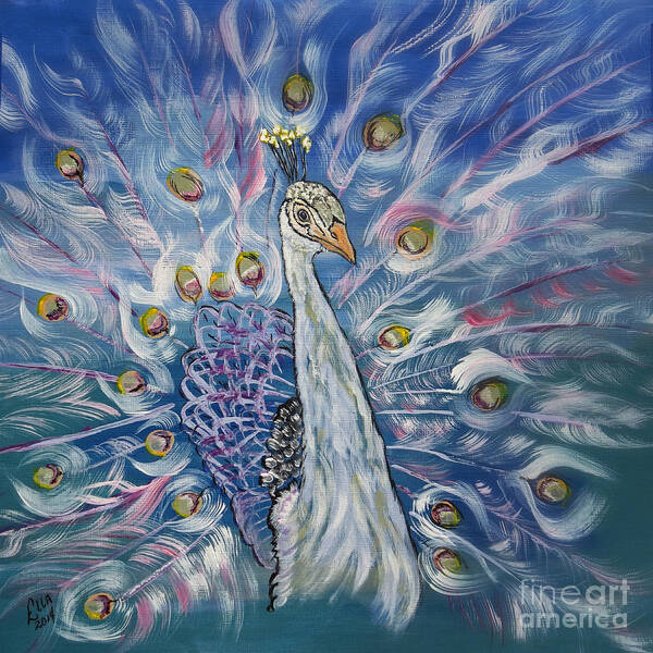 Animals Art Print featuring the painting Peacock Dressed In White by Ella Kaye Dickey