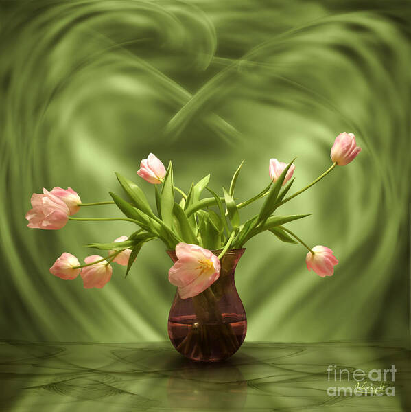 Tulip Art Print featuring the digital art Pink tulips in green room by Johnny Hildingsson