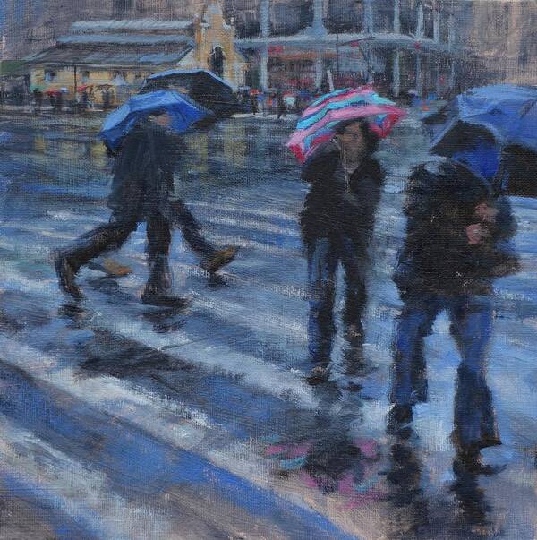 Landscape Art Print featuring the painting Broadway Wet and Windy by Peter Salwen
