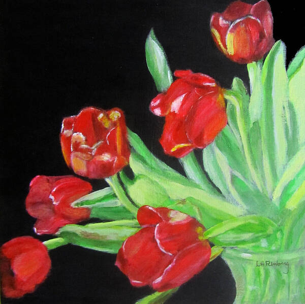 Tulips Art Print featuring the painting Red Tulips in Vase by Linda Feinberg