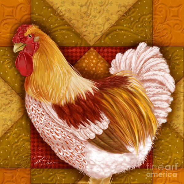 Rooster Art Print featuring the mixed media Rooster on a Quilt I by Shari Warren