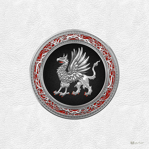 'treasure Trove' By Serge Averbukh Art Print featuring the digital art Sacred Silver Griffin on White Leather by Serge Averbukh
