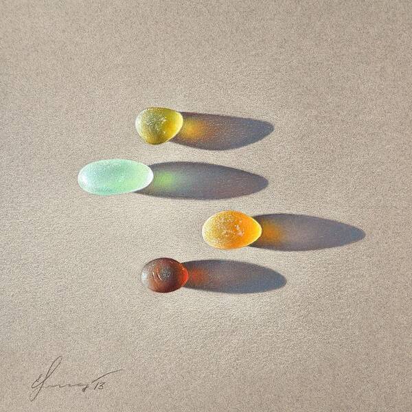 Sea Glass Pieces Art Print featuring the drawing Sea glass - the race by Elena Kolotusha