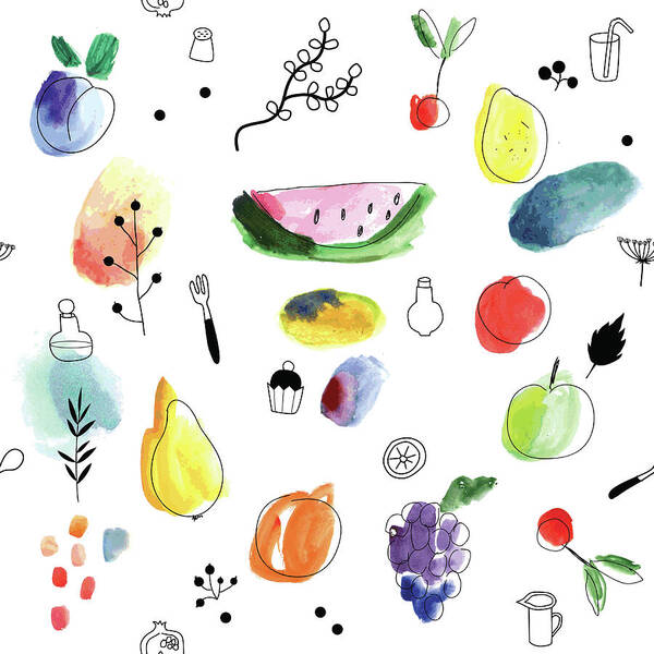Cherry Art Print featuring the digital art Seamless Pattern With Fruits, Berries by Loliputa
