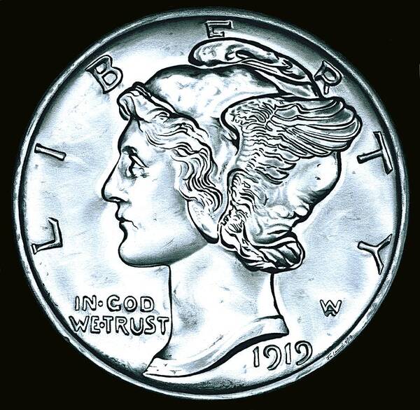 Coin Art Print featuring the drawing Black Silver Mercury Dime by Fred Larucci