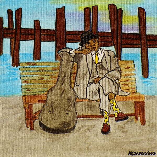 Jazz Player Sitting On The Docks Art Print featuring the painting Sitting On The Dock Of The Bay by Celeste Manning