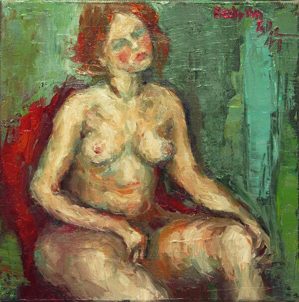Nude Art Print featuring the painting Female Nude in Red Chiar by Becky Kim