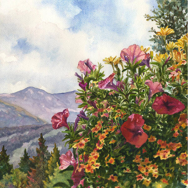 Petunias Painting Art Print featuring the painting Ski Slopes in Summer by Anne Gifford