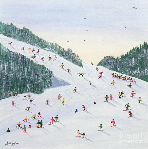 Landscape; Ski School; Naive; Evening; Snow Art Print featuring the painting Ski vening by Judy Joel