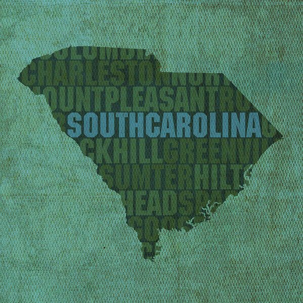 South Carolina Word Art State Map On Canvas Art Print featuring the mixed media South Carolina Word Art State Map on Canvas by Design Turnpike