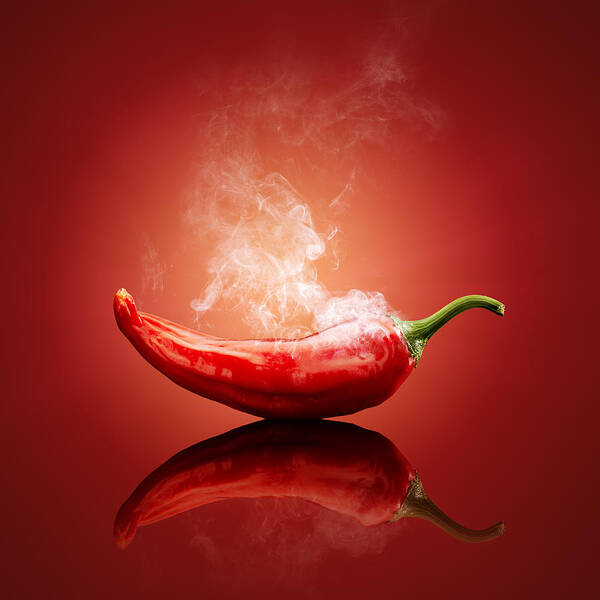 Chillichiliredsmokesmokinghotburnburningsteamsteamingcapsicumcayennejalapenopaprikapeppergradientbackgroundreflectionreflectivetablestudioshotvegetablefreshconceptconceptualstilllifefoodripeimageonenobodyphotographindoors001019xs Art Print featuring the photograph Steaming hot Chilli by Johan Swanepoel