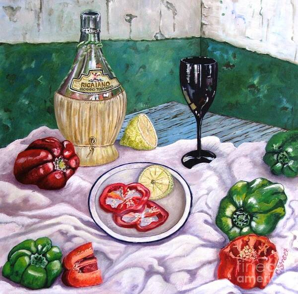Still Life With Wine And Capsicum Art Print featuring the painting Wine and Capsicum by Caroline Street