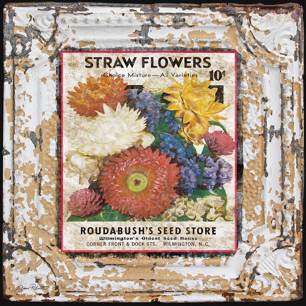 Tin Tile Art Print featuring the digital art Straw Flowers on Vintage Tin by Jean Plout