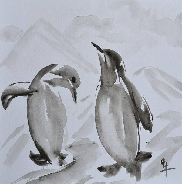 Penguins Art Print featuring the painting Sumi-e Penguin Dance by Beverley Harper Tinsley