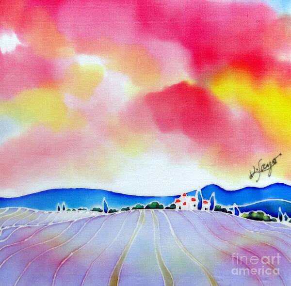 France Art Print featuring the painting Sunset on the lavender farm by Hisayo OHTA