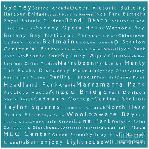 City Art Print featuring the digital art Sydney in Words Teal by Sabine Jacobs
