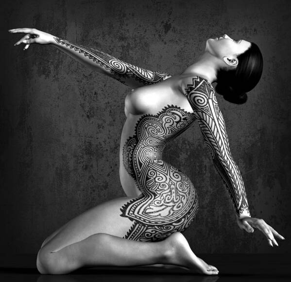 Tattooed Nude Art Print featuring the digital art Tattooed Nude Black and White by Kaylee Mason