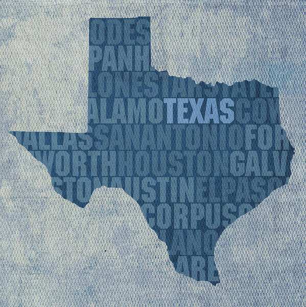 Texas Word Art State Map On Canvas Dallas San Antonio Houston Galveston Austin El Paso Fort Worth Texan Lone Star Usa America Alamo Art Print featuring the mixed media Texas Word Art State Map on Canvas by Design Turnpike