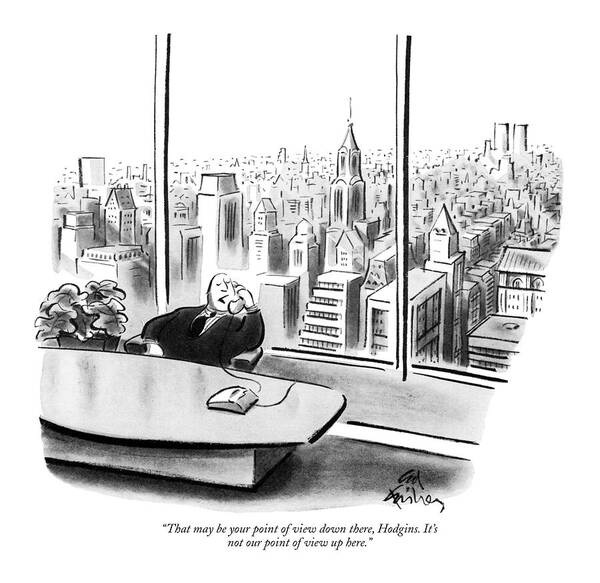 70554 
 Hodgins Man On Telephone. Behind Him Panoramic View Of New York City. Ed Fisher Art Print featuring the drawing That May Be Your Point Of View by Ed Fisher