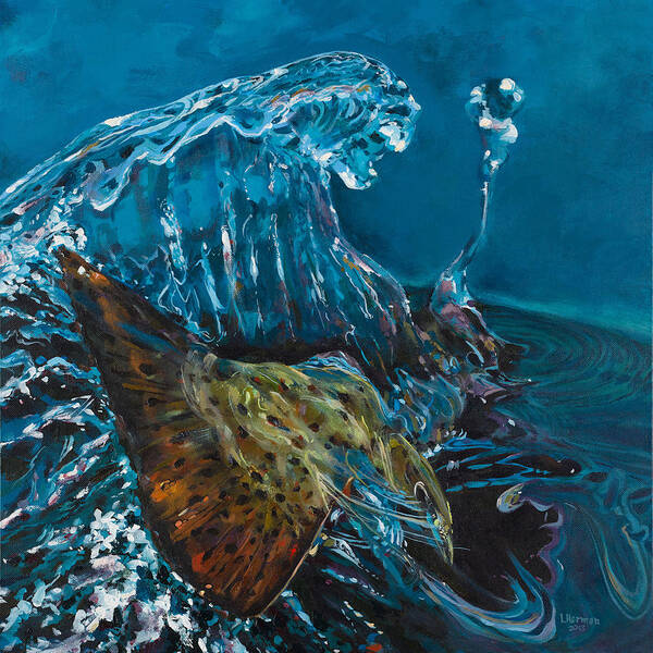 Trout Art Print featuring the painting The Big Splash by Les Herman