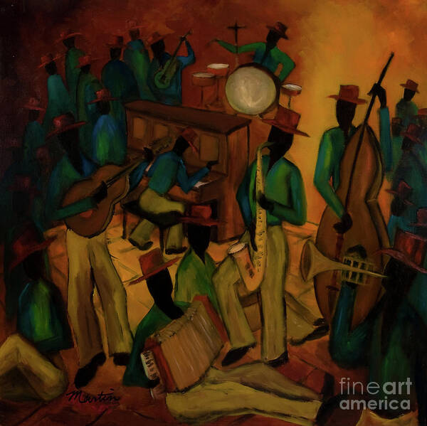 Jazz Art Print featuring the painting The Red Hat Octet and Friends by Larry Martin