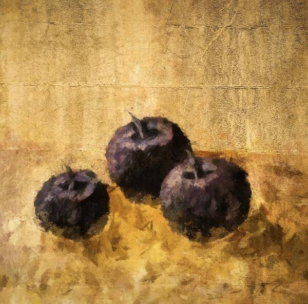 Plum Art Print featuring the painting Three Plums Still Life by Michelle Calkins