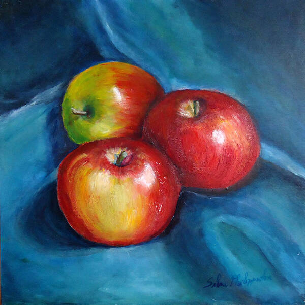 Fruit Art Print featuring the painting Three red apples by Silvia Philippsohn