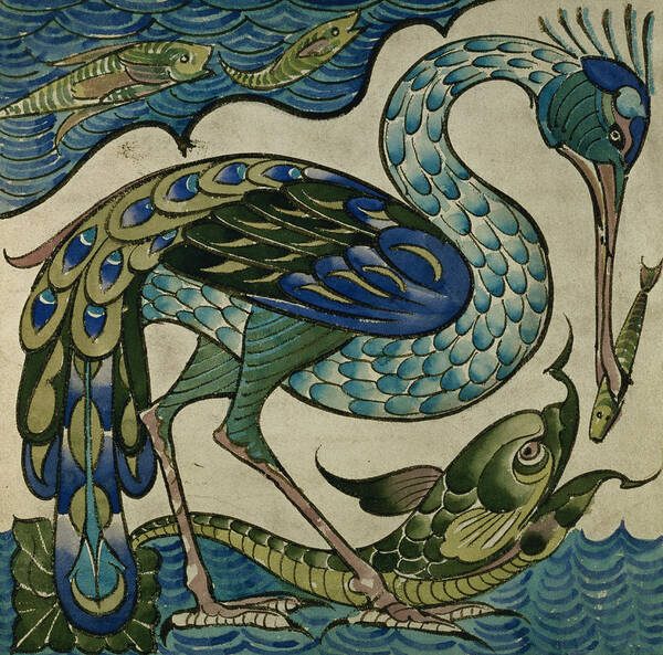 Walter Crane Art Print featuring the painting Tile design of heron and fish by Walter Crane