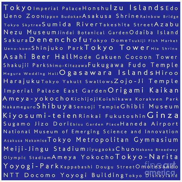 City Art Print featuring the digital art Tokyo in Words Blue by Sabine Jacobs
