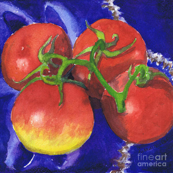 Tomato Art Print featuring the painting Tomatoes on Blue Tile by Susan Herbst