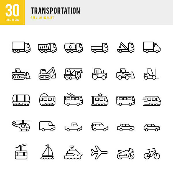 Construction Machinery Art Print featuring the drawing Transportation - set of line vector icons by Fonikum