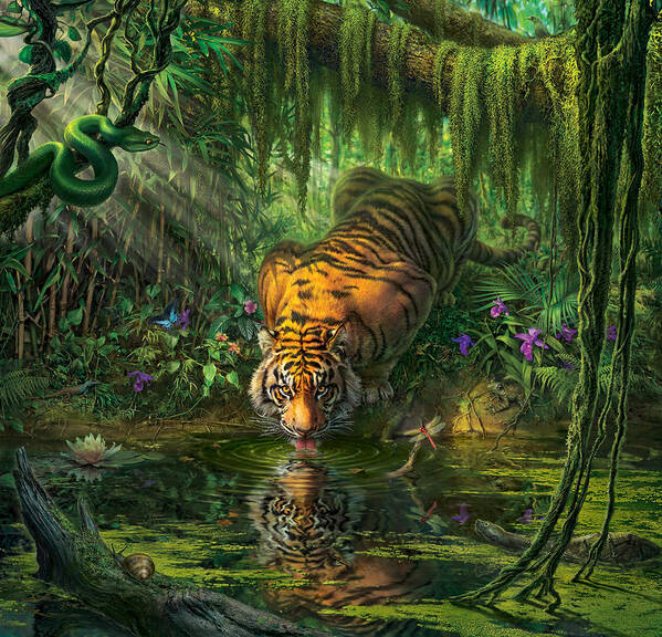 Bambootiger Dragonfly Butterfly Bengal Tiger India Rainforest Junglefredrickson Snail Water Lily Orchid Flowers Vines Snake Viper Pit Viper Frog Toad Palms Pond River Moss Tiger Paintings Jungle Tigers Tiger Art Art Print featuring the digital art Aurora's Garden by Mark Fredrickson