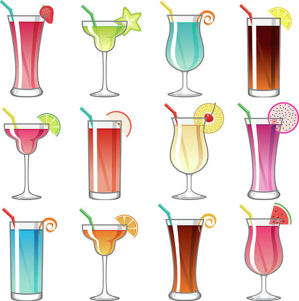 Cherry Art Print featuring the digital art Tropical Cocktail Glass Icons Set by Bortonia