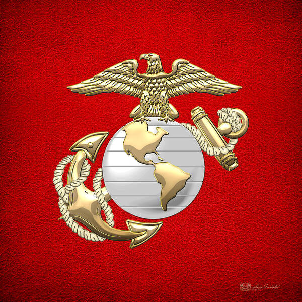 'military Insignia & Heraldry 3d' Collection By Serge Averbukh Art Print featuring the digital art U. S. Marine Corps Eagle Globe and Anchor - E G A on Red Leather by Serge Averbukh